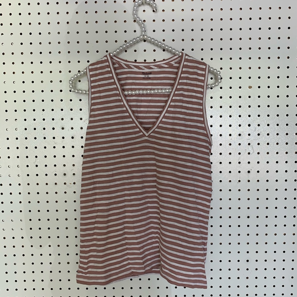 Madewell Pink and White Striped V-Neck Tank Top